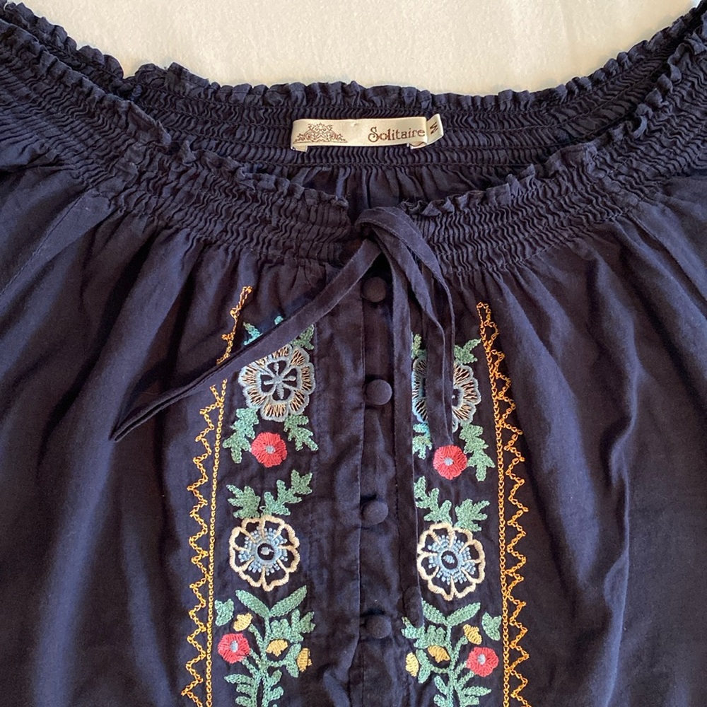 Solitaire Off Shoulder Indigo Blue Rich Embroidered Smocked Button Front Blouse
